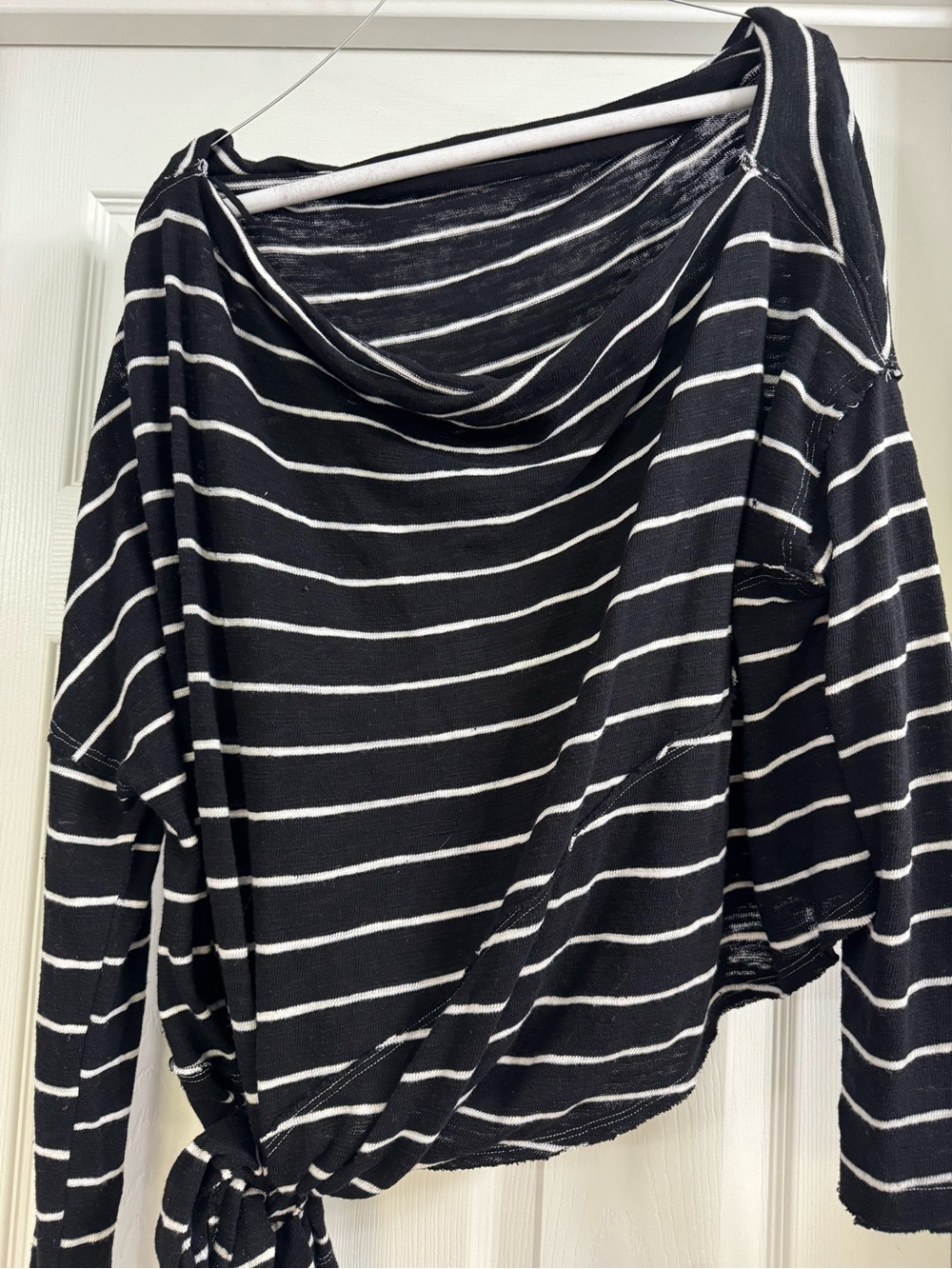 Free People Black and White Striped Long Sleeve Tie-Hem Top